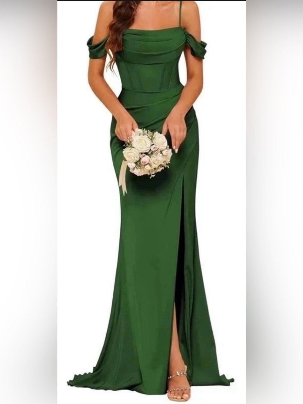 Amazon Emerald Green Off-Shoulder Maxi Skirt with Front Slit. Formal dress